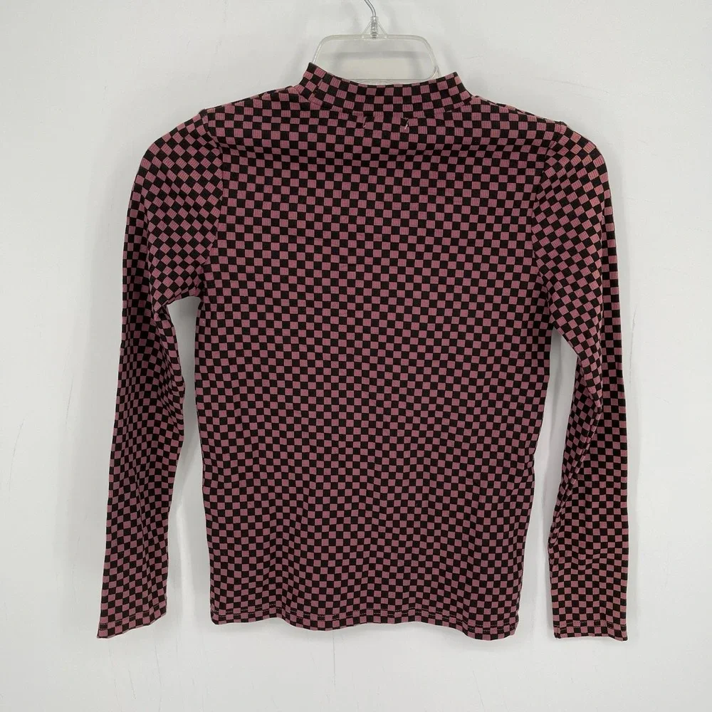 Pixie Label NWT Girl's Black Mauve Checkered Mock Neck Long Sleeve Top Size 14Y